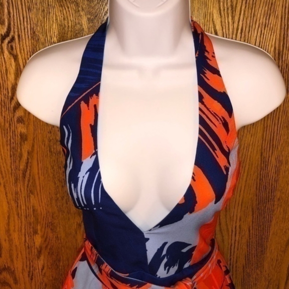 NICHOLAS Red and Blue Palm Print Crepe Halter Dress, Handkerchief Hem, EUC, 4 - Picture 4 of 11